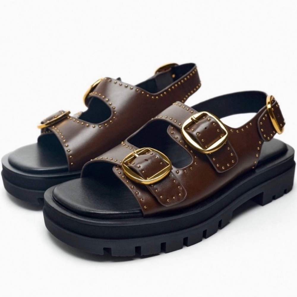 Zara Women’s Brown Studded Lug Sole Sandal - sz 41